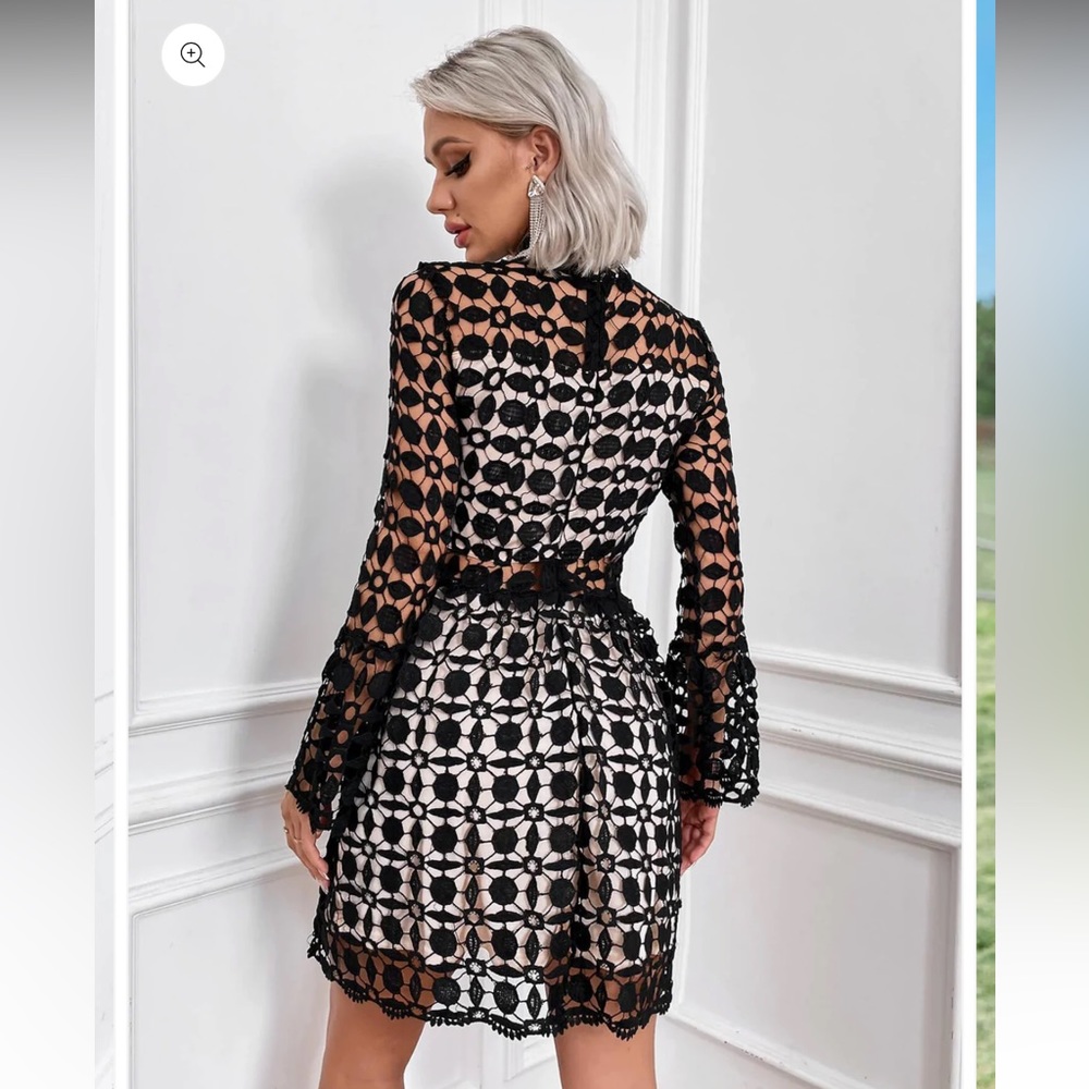 Lace Openwork Mock Neck Mini Dress - Picture 3 of 13